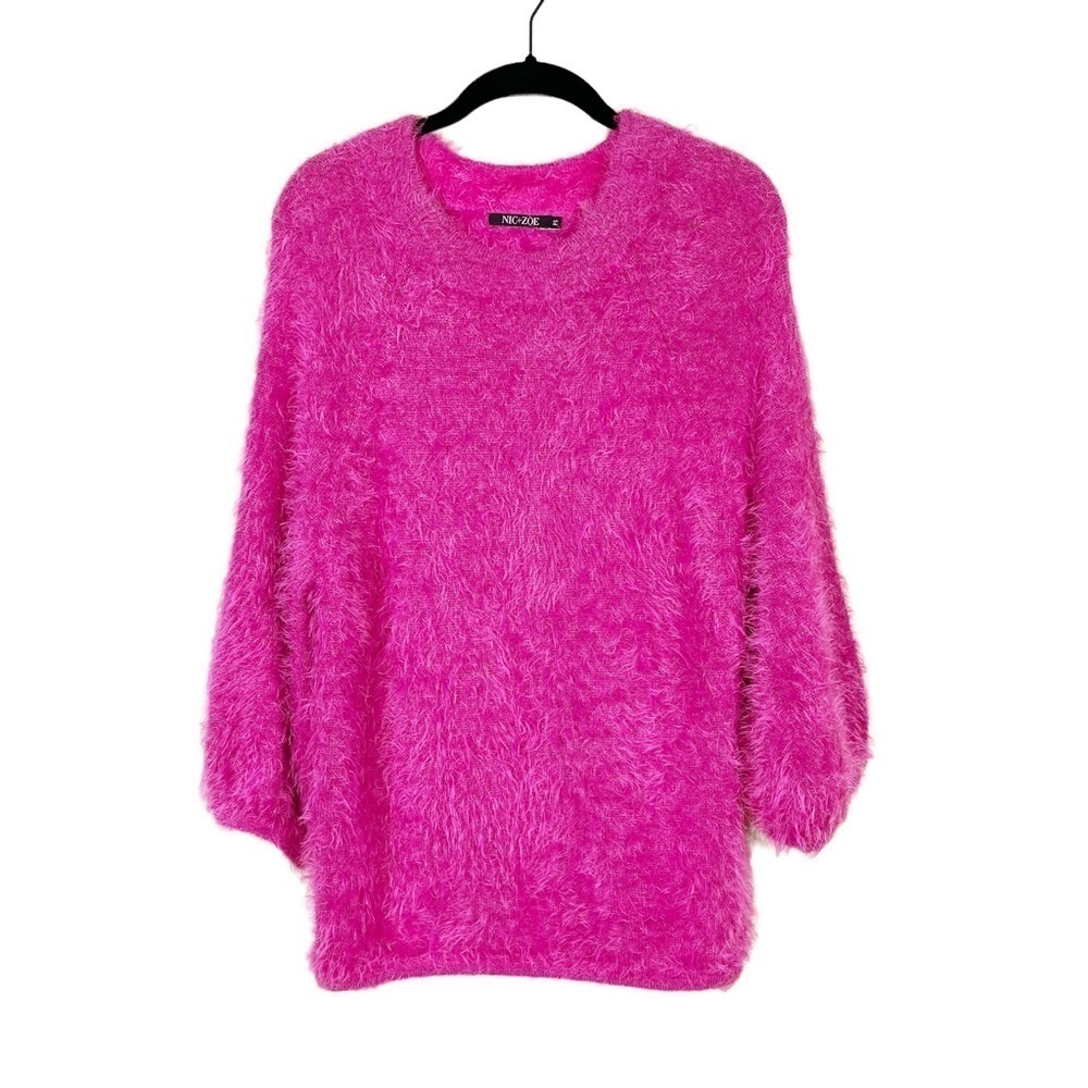 Nic + Zoe Pink Round Neck 3/4 Sleeve Fuzzy Cozy Eyelash Up to Sweater Size PS